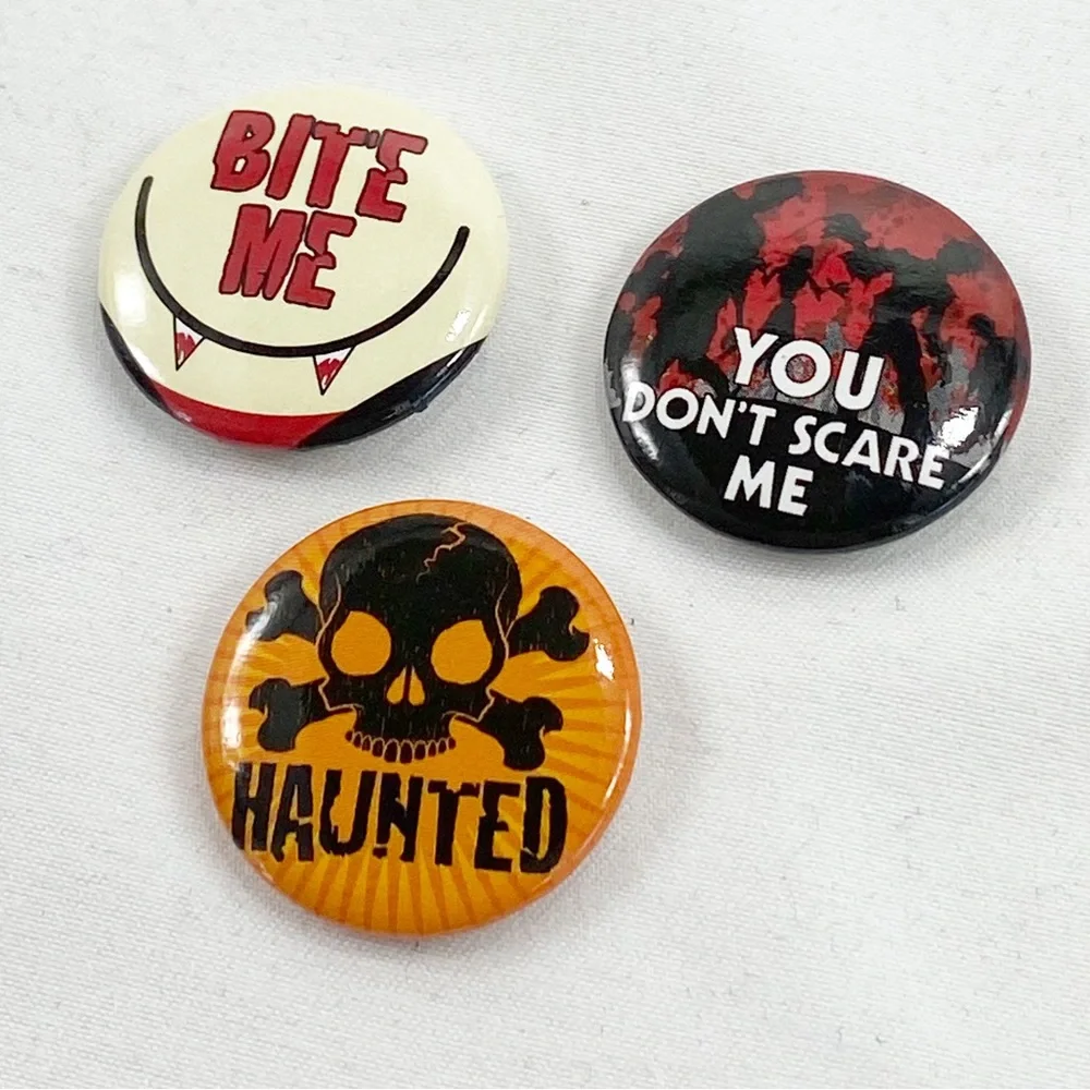 Vintage 90s Halloween Zombie Haunted Buttons Pins Set of 3